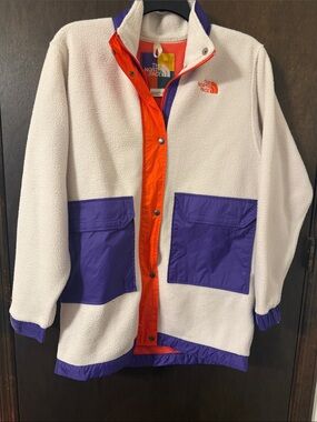 The North Face Ivory Sherpa Coat with Purple Pockets and Orange Placket